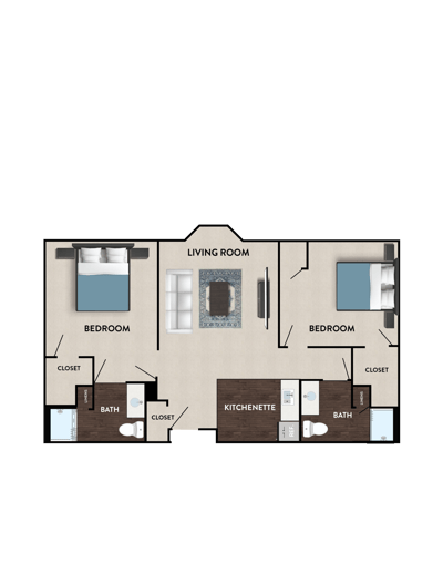 Architectural floor plan of a two-bedroom unit