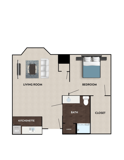 Architectural floor plan of a one-bedroom unit