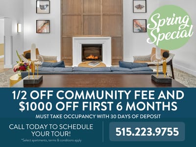 Stylish common area with promotional offer details