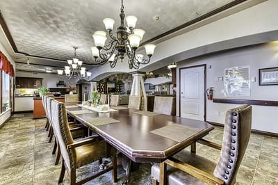 Interior view of a dining room with elegant lighting