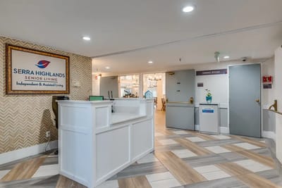 Interior view of the dining area and reception desk