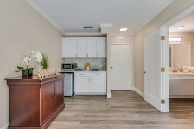 Interior view of a kitchenette area in the senior living facility