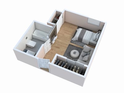 3D rendering of a modern senior living room and bedroom