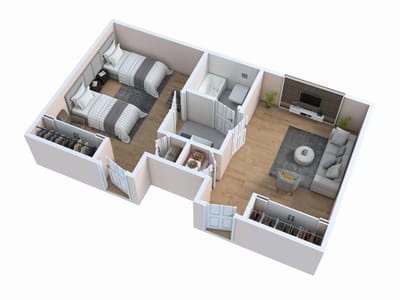 Floor plan of a two-bedroom unit in a senior living facility