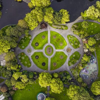 Aerial view of a circular garden layout
