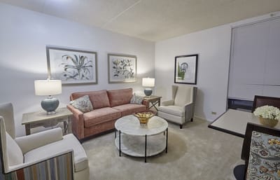 Cozy living room area in a senior living facility
