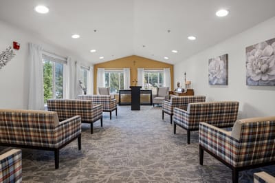 Bright interior common area with seating and decor