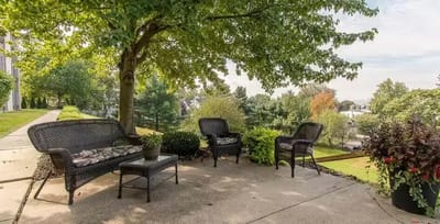 Outdoor seating area with chairs and a table