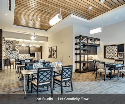 Interior view of an art studio with tables and chairs