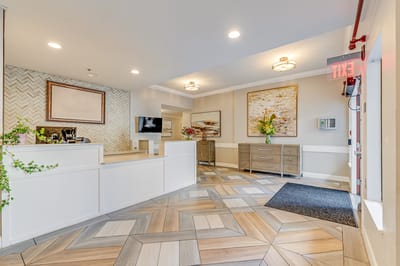 Bright and inviting reception area of a senior living facility