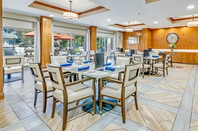 Bright dining room with stylish seating and decor