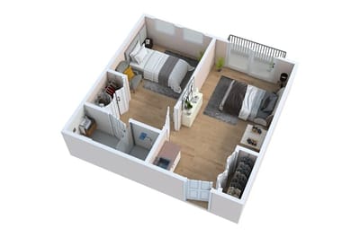 A floor plan of a shared living space with two bedrooms