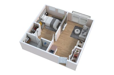 3D floor plan of a resident room with living area