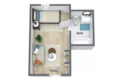 Floor plan of a resident room with an entry and bath