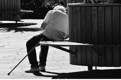 An elderly man sitting on a bench in a garden