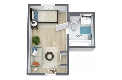 Architectural floor plan of a senior living unit