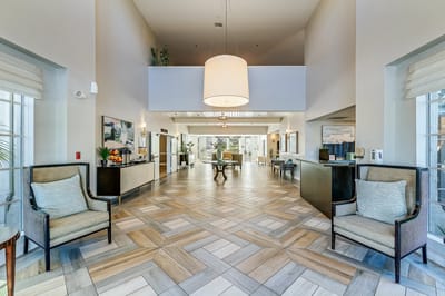 Bright and inviting lobby of a senior living facility