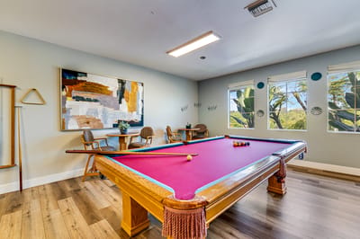 Activity room with a pool table and seating area
