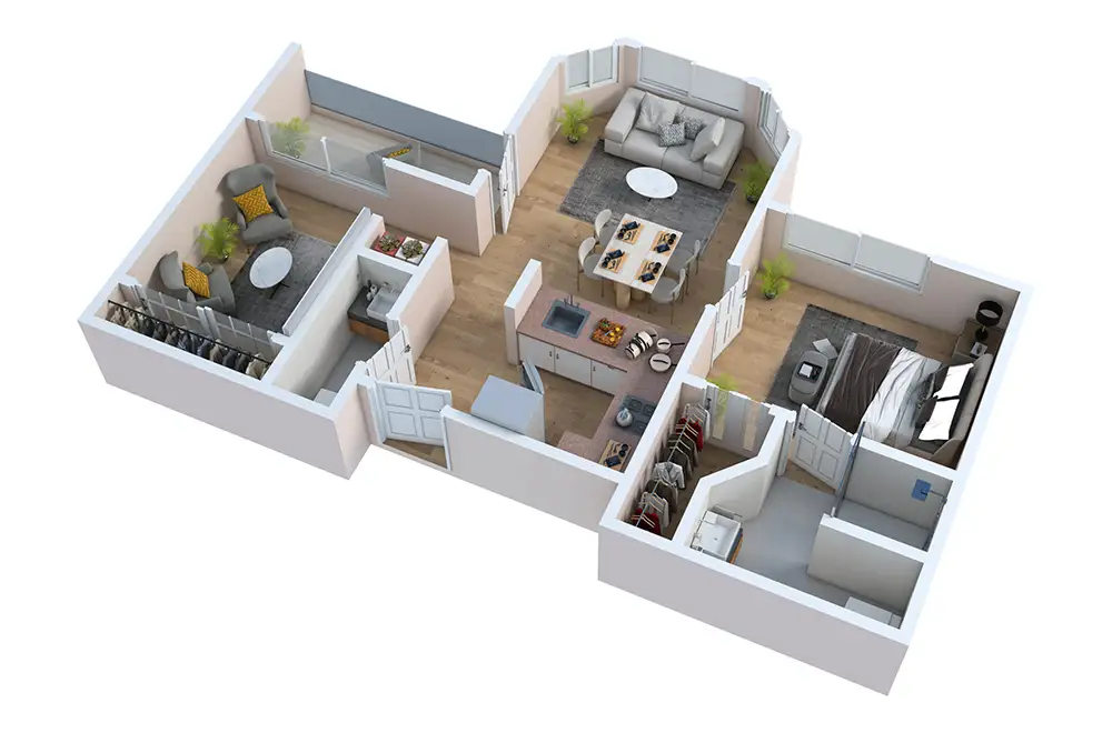 3D floor plan of a spacious apartment layout