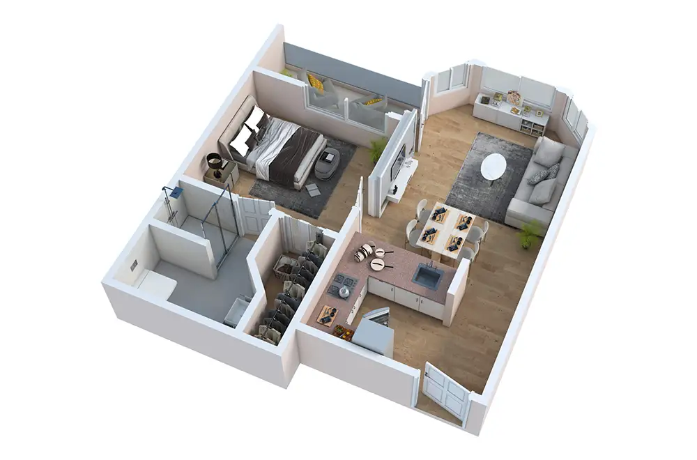 Architectural floor plan of a one-bedroom apartment
