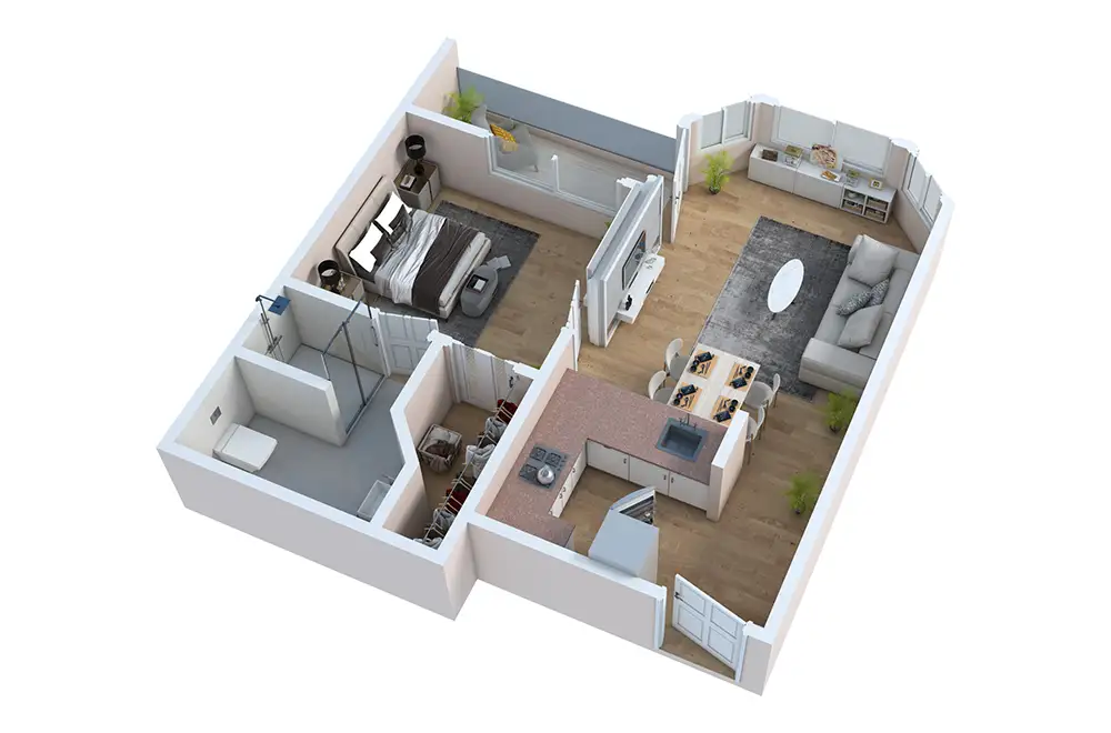 3D floor plan of a one-bedroom apartment layout