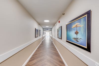 Bright hallway with artwork and natural lighting