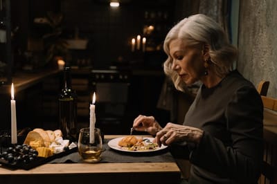 An elderly woman enjoying a meal