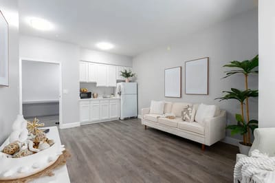 Bright and modern living room in a senior facility