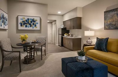 Cozy living space with a kitchenette and seating area
