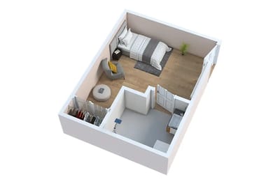 Rendering of a private resident room with bed and seating area