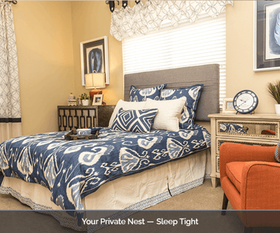 Cozy private room with decorated bed and furnishings