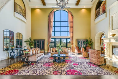Luxurious lobby with stylish seating and large windows