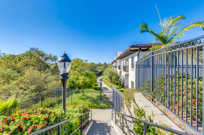 Outdoor pathway lined with greenery and flowers