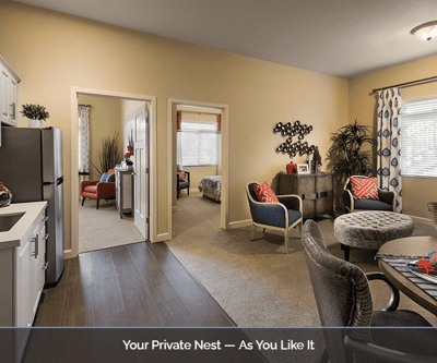 Interior view of a resident room with kitchenette