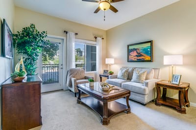 Cozy living room in a senior living unit