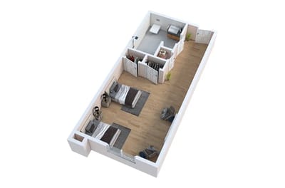 A floor plan of a two-bedroom resident unit