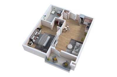 3D floor plan of a senior living room layout