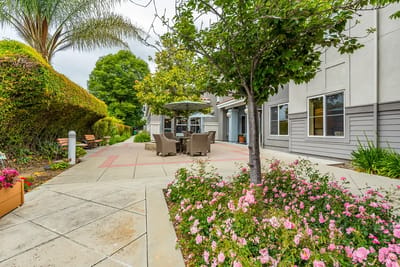 Outdoor seating area with flowers and trees