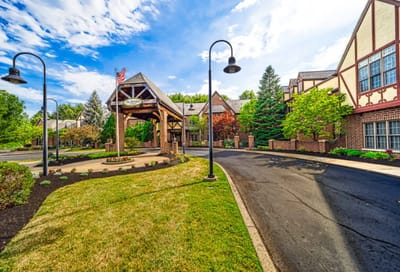 Exterior view of Heritage Villas with landscaping