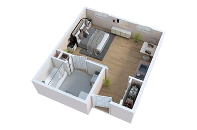 3D rendering of a private resident room layout