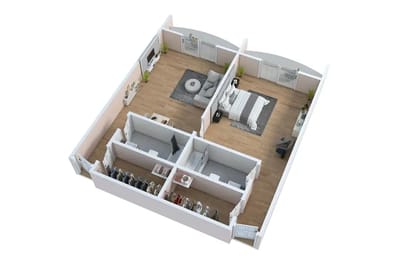 3D floor plan of a two-bedroom senior living unit