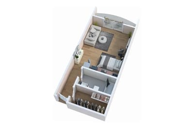 Aerial view of a well-furnished resident room layout