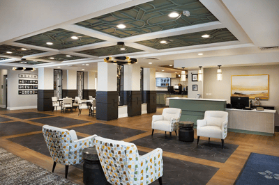 Bright and inviting interior of a senior living lobby