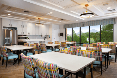 Dining area with colorful chairs and large windows
