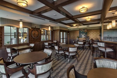 Interior view of a common area with dining tables