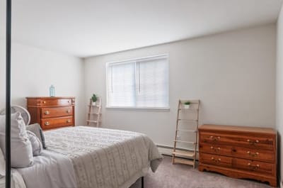 Cozy bedroom with wooden furniture and bright window