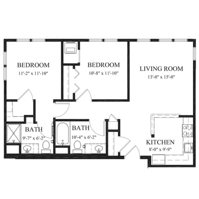 Architectural floor plan of a two-bedroom unit