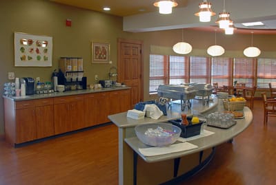 Interior view of a dining area with food options