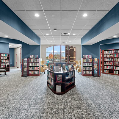Bright interior of a library with bookshelves