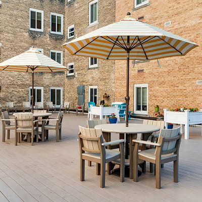 Outdoor seating area with umbrellas and tables